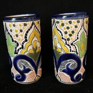 VTG Mexican Talavera Two Terracotta Tumblers Hand Painted Unique Design